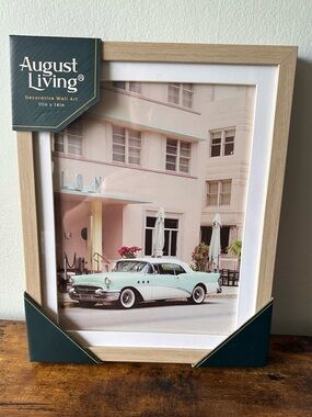 Wood Framed Wall Art Decor with Mint Vintage Car with Light Pink Hotel NWT